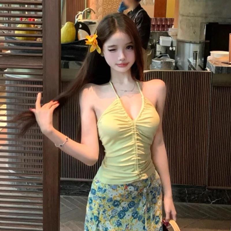 

Летняя женская мода Y2K, сексуальная тонкая бретелька без рукавов со складками и лямкой на шее