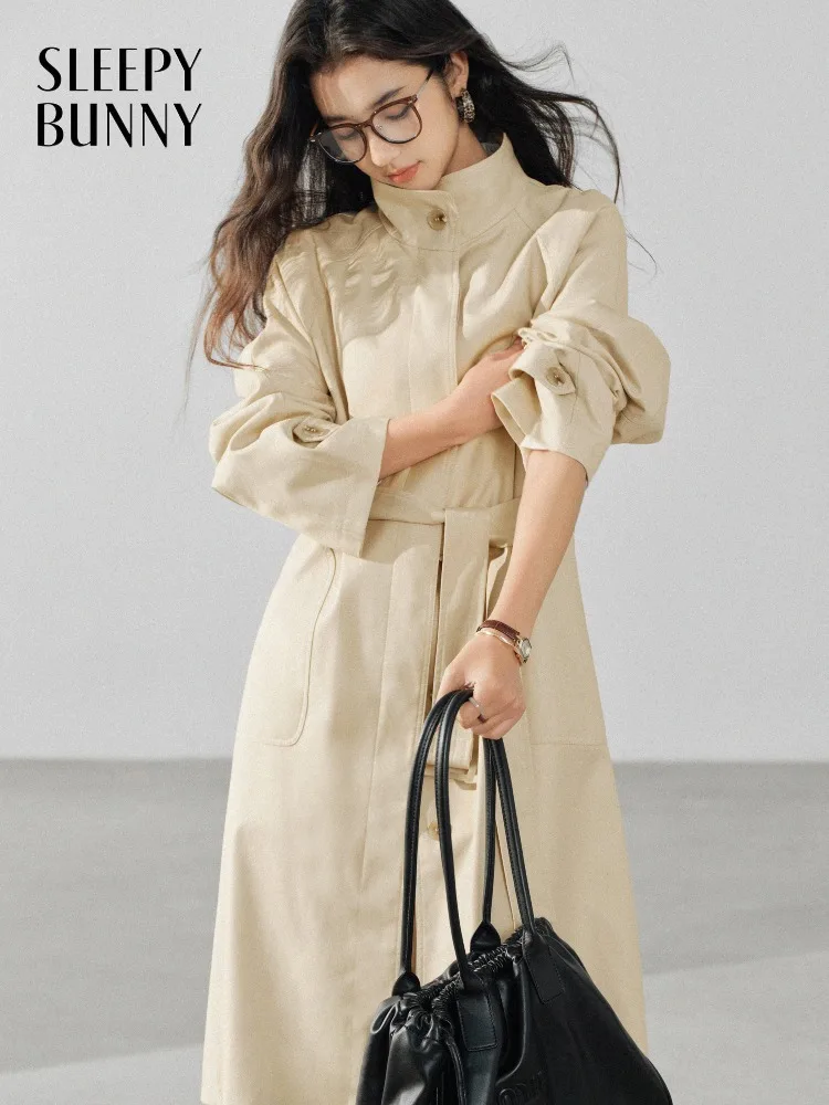 

Women Trench Coat Elegant Long Outerwear Stand Collar British Style Windbreaker Chic Slim Fit for Autumn Office and Casual Look
