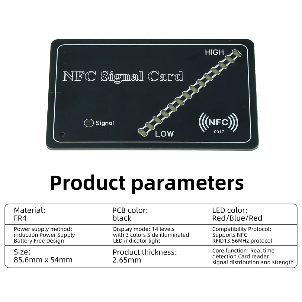 NFC RFID Signalstärke-Testkarte 13,56 MHz Protokoll mit 14-stufiger dreifarbiger LED-Anzeige und Batterie für Zugangstest – Detail 7