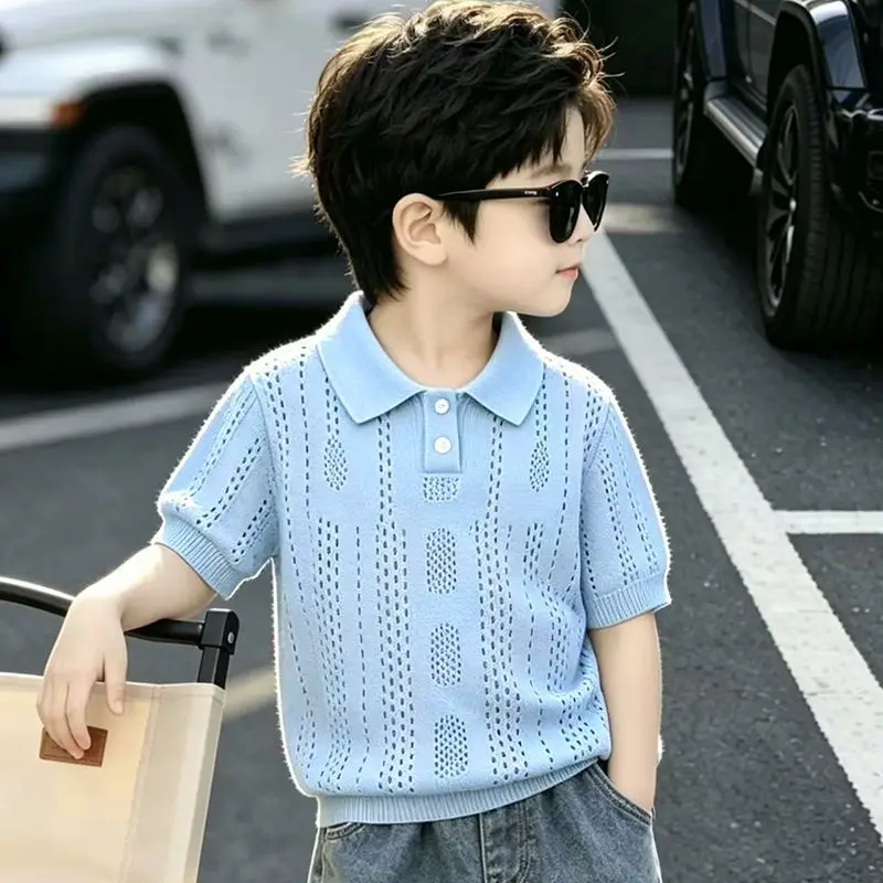 Boys' Blue Hollow Knitted Short Sleeve T-shirt Summer New Style Children's Stylish Top