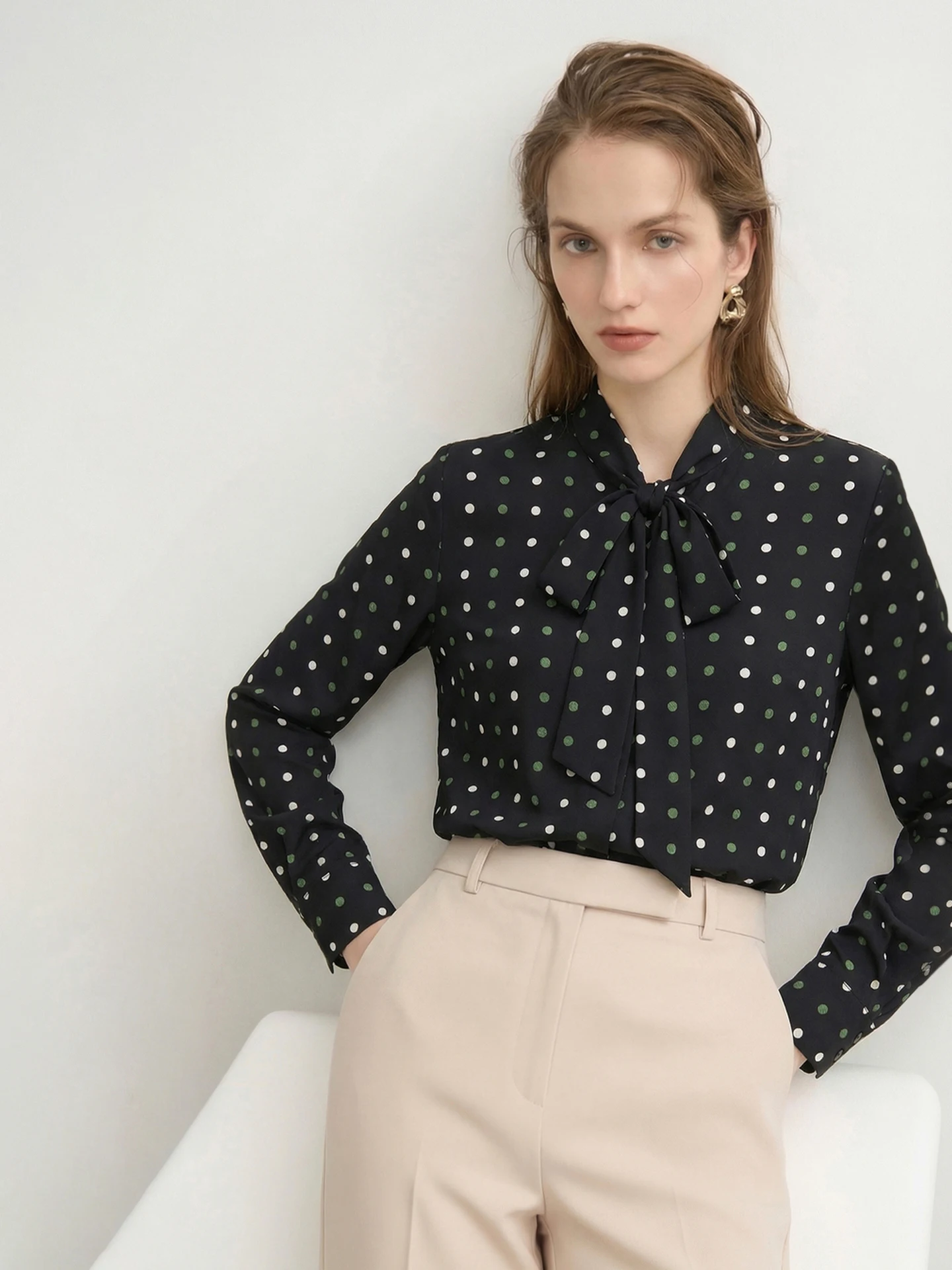 

CVANEA een Polka Dot Silk Long Sve irt Versatile Mummy Sle Spring Collection Women's Simple Straight Cut irt