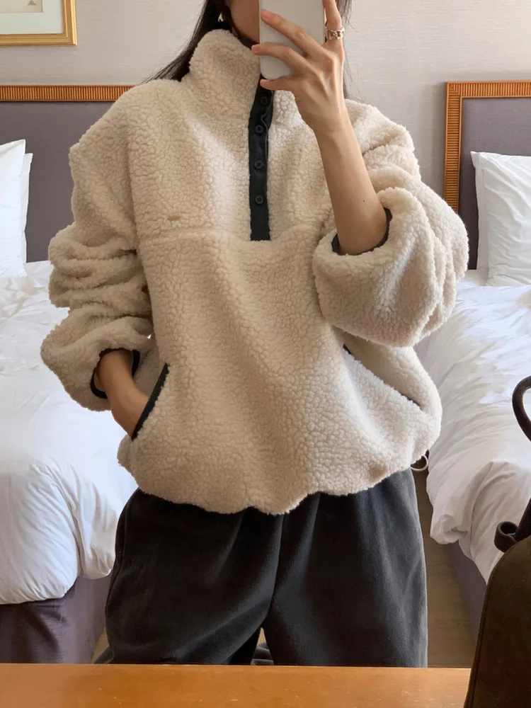 

Ladies Thiened Lamb Fur Sweatirt Jaet Loose Fit Collared Over Autumn Winter Warmth Reduction Trendy Top Casual Sle