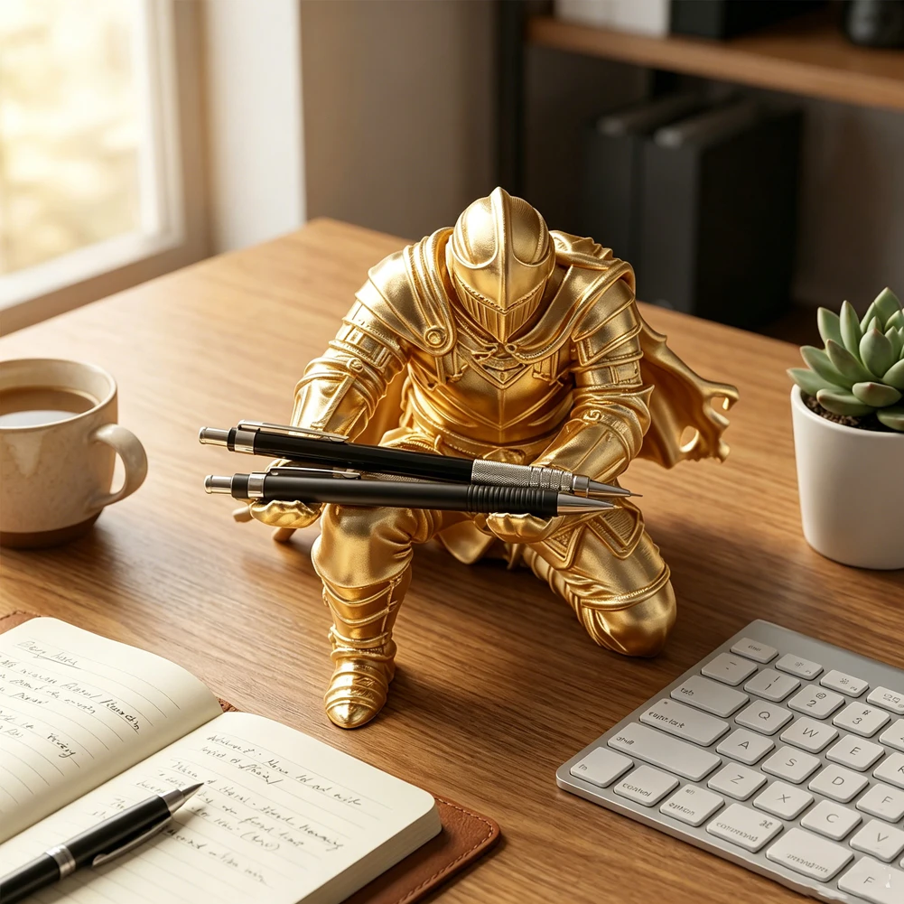 Medieval Knight Pen Holder Knee Kneeling Hands Pencil Rack Creative Desk Stationery Organizer Ornament Unique Office Decor Gift