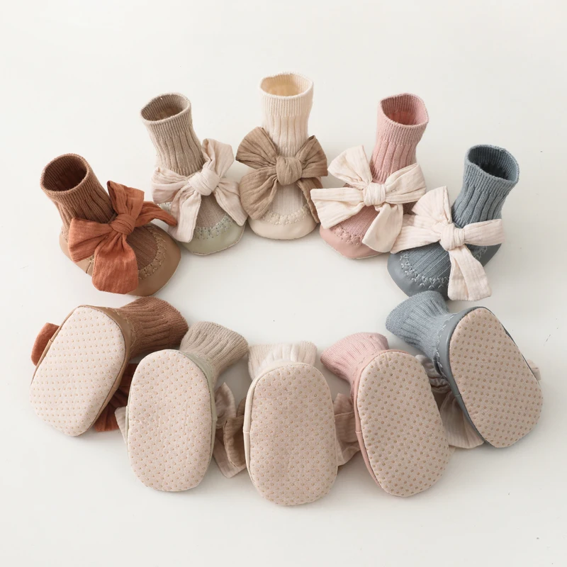 Spring Autumn Baby Girls PU Sole Floor Socks Non-Skid Infant Toddler Big Bow-Knot Stockings Newborn Winter Lace Socks Shoes