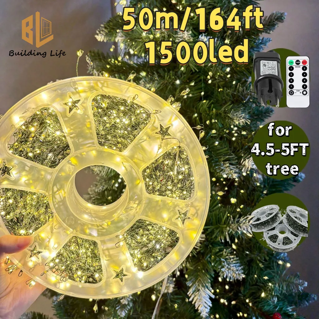 

50M 1500LED Christmas Lights Firecracker String Light | Warm White Waterproof Remote Control | Plug in for Xmas Tree Garland