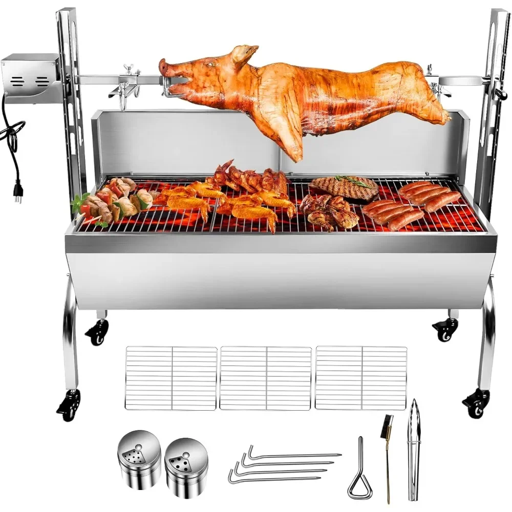 Edelstahl-Rotisserie-Grill mit rückseitigem Schutz, Lamm-Rotisserie-Bräter, Grill-Holzkohle-Rotisserie-Grill für Camping im Freien