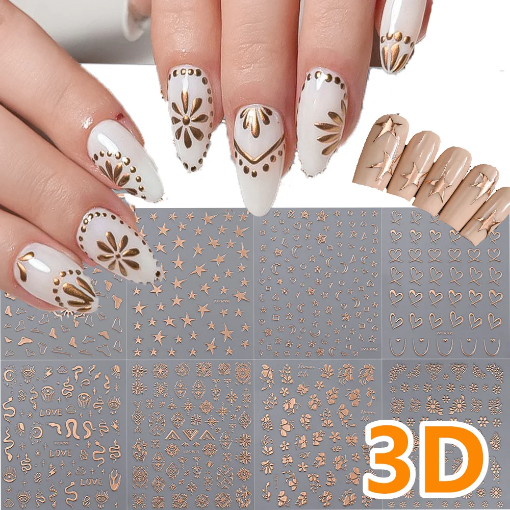 1Pc 3D Christmas Bronzing Rose Gold Star/Moon/Heart Nail Stickers 8*10cm Y2K Snake Pentagram Nail Decals DIY Floral Nail Slider*