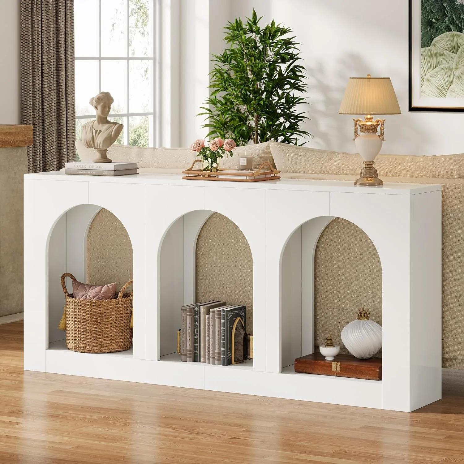 # White Console Table with Storage, Entryway Entry Table with 3 Arched Shelves for Foyer, Hallway, Living Room