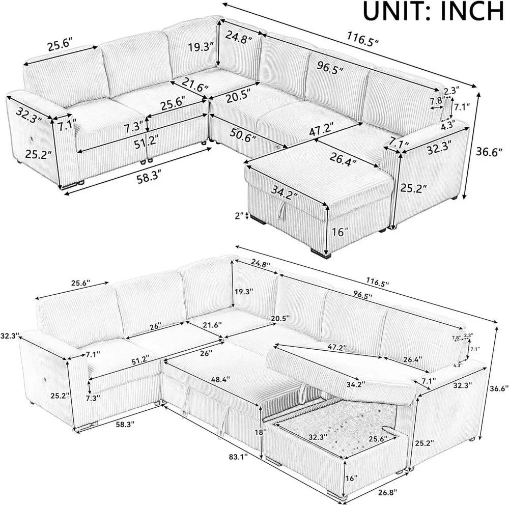 116.5 "U-Shaped Corduroy Modular Sectional Storage Chaise และดึงเตียง, โซฟาเข้ามุมขนาดใหญ่ 6 ที่นั่งพร้อมอินเทอร์เฟซ USB