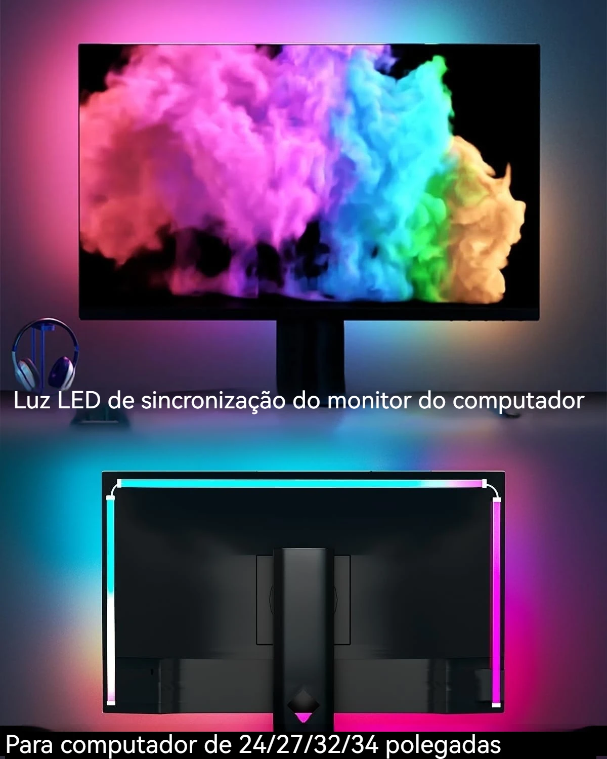 Luz de fundo led de sincronização de monitor de computador rgb com adesivo, luz de tira de ritmo de pc de imersão para decoração de sala de jogos,