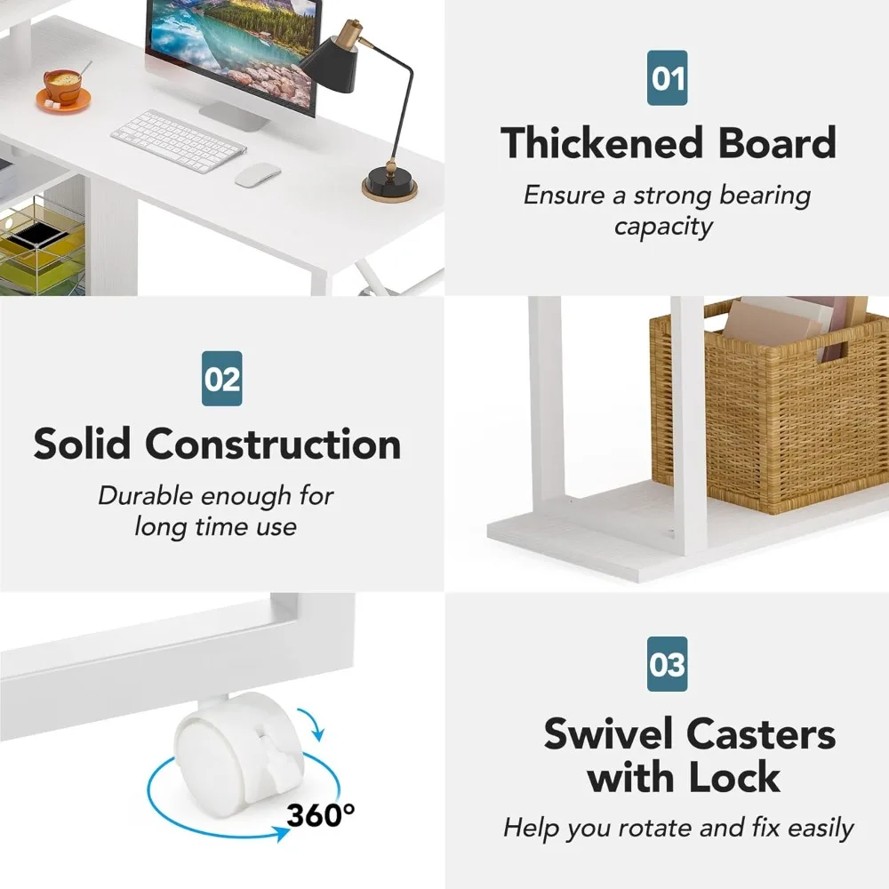 مكتب كمبيوتر دوار مع 5 أرفف رف كتب، مكتب زاوية حديث على شكل حرف L مع مساحة تخزين، طاولة دراسة مكتبية قابلة للعكس