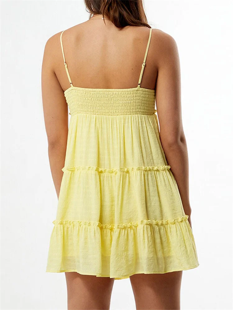 

CHRONSTYLE женское платье без рукавов на тонких бретельках летнее однотонное мини-платье трапециевидной формы с v-образным вырезом для отпуска, коктейльная уличная одежда 2025