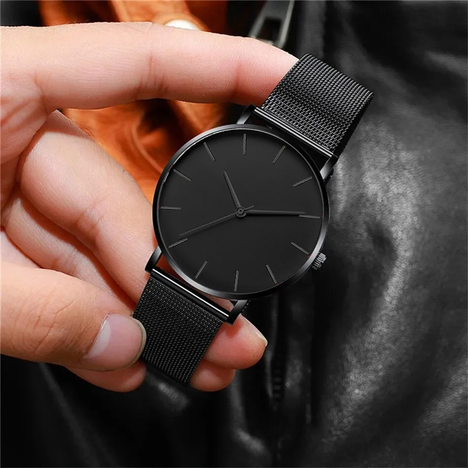 Jam tangan Ultra tipis pria, 3PCS Set Fashion kasual bisnis tali tangan kalung jala Stainless Steel sabuk Quartz