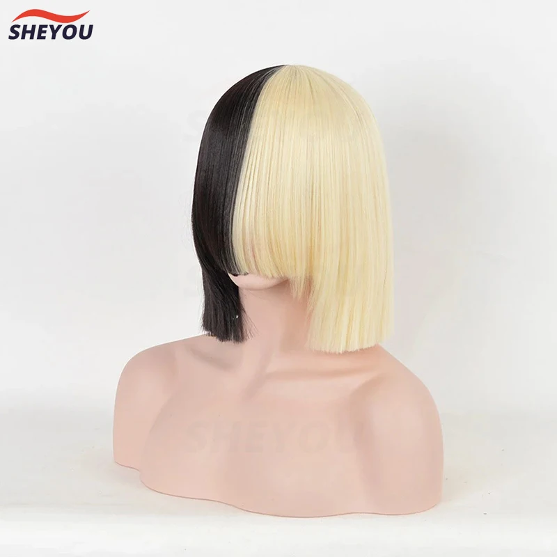 Perruque Sia pour costume - 2 tons - Demi-blonde - Perruque noire avec nœud noir - Cheveux synthétiques de qualité supérieure SIA - Pour cosplay