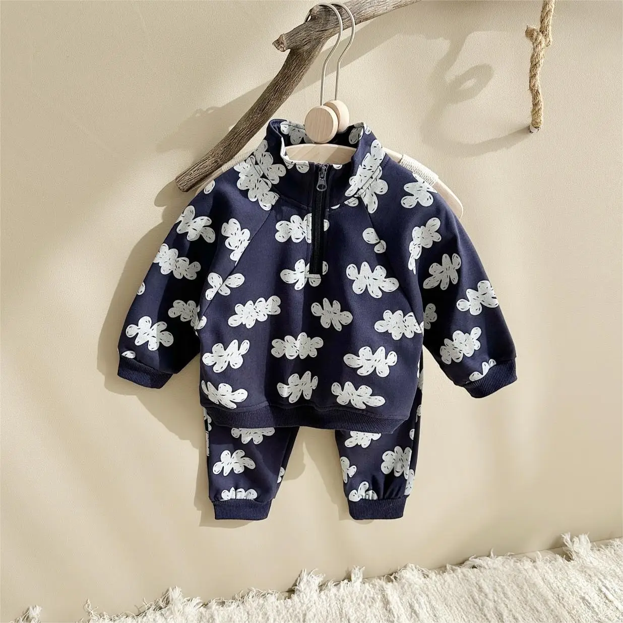 Spring New Boys Clothing Set Cloud Print Zipper Long Sleeved Pants Cotton Sweatshirt 0-4Y Baby Girls Pullover 2PCS Newborn