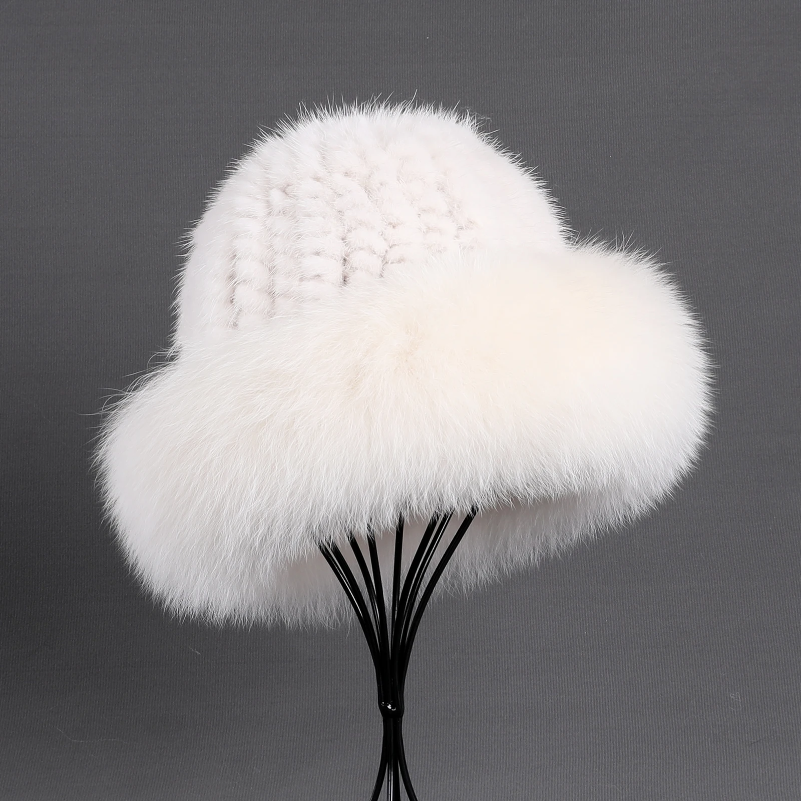 Frauen Winter warm echte Premuim Nerz Fell gestrickt Eimer Hut pelzigen Echtpelz Kappen Big Fox Pelz besatz Krempe verstellbar – Detail 3