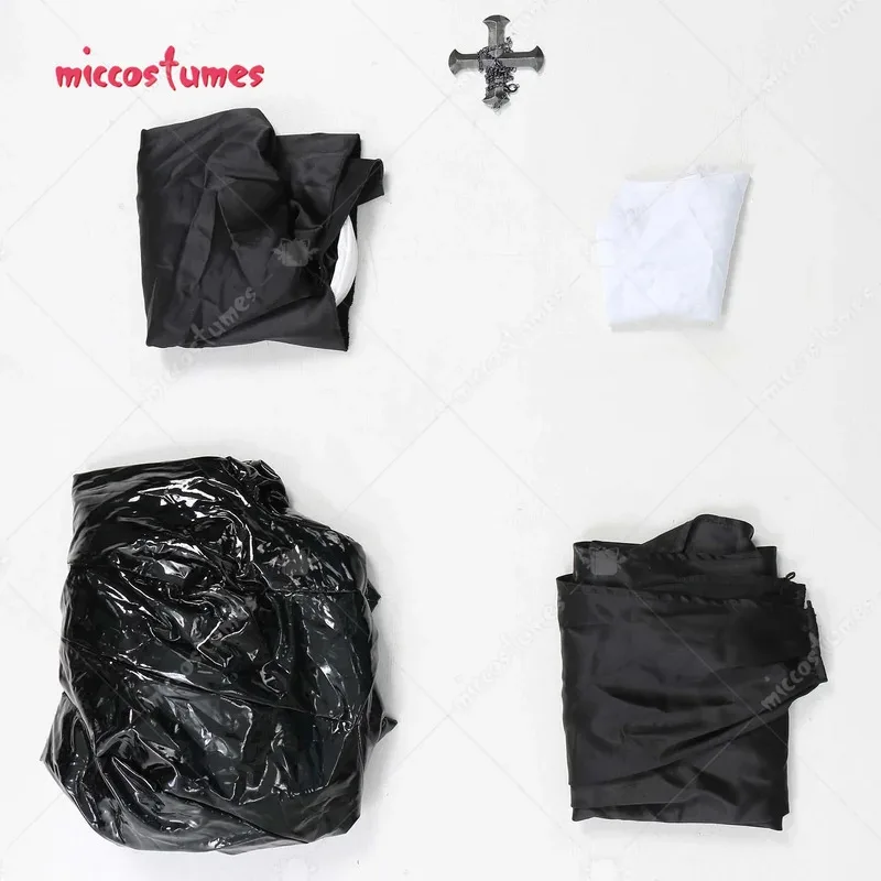 CyMiccostumes x Chowbie 여성 섹시 란제리 세트 검은 수녀 코스프레 의상 바디 슈트 점프 슈트 (칼라 헤드 밴드 목걸이 포함)