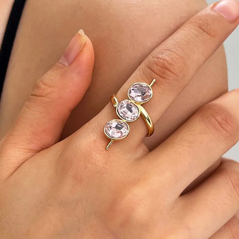 Unusual Design Three Oval Green Zirconia Statement Rings for Women Trendy Geometric Finger Ring Charm Jewelry Daily Wear Gift