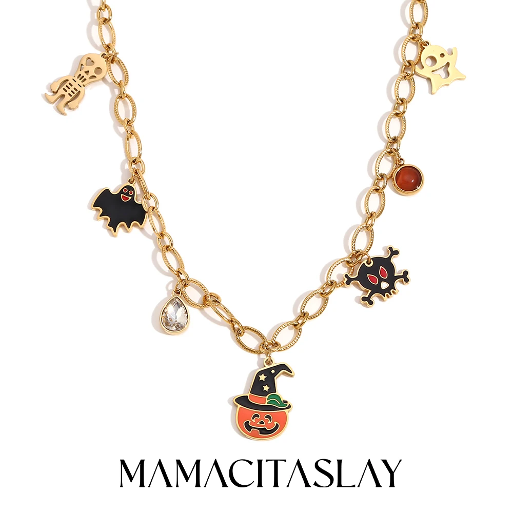 Mamacitaslay-女性用ステンレススチールネックレス,パンク,ハロウィーン,スカル,ゴースト,バット,チャーム,防水,ゴシックスタイル,アクセサリー