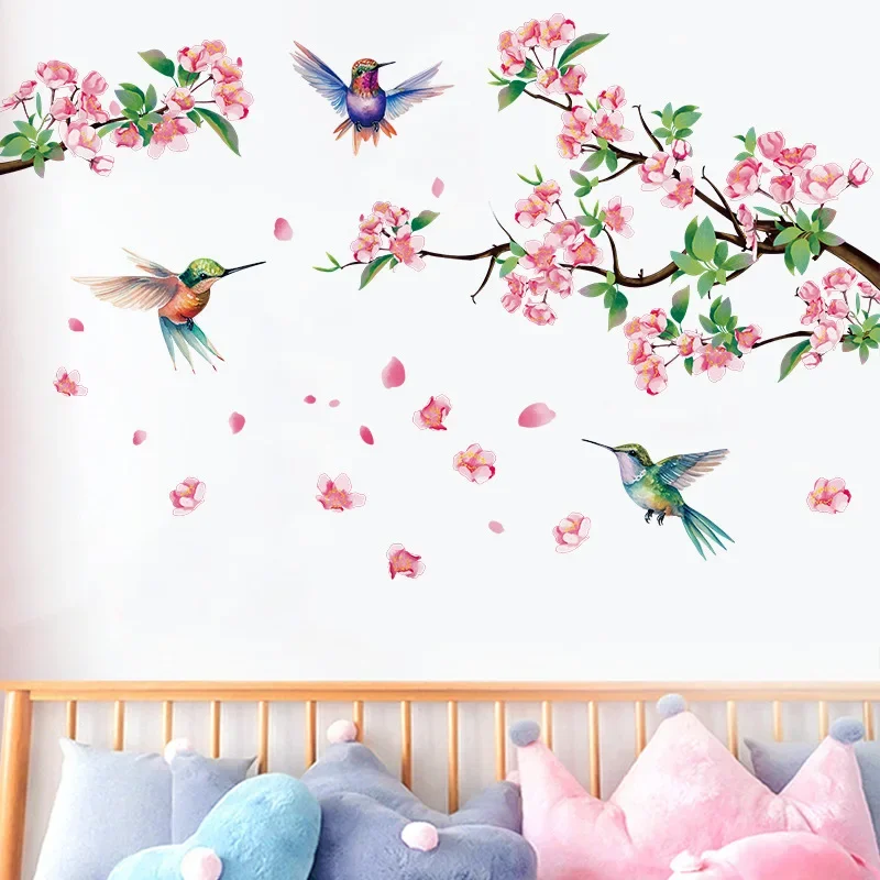 Tree Branches Pink Peach Blossoms Flowers Birds Wall Stickers For Bedrooms Living Rooms Background Walls Decorative