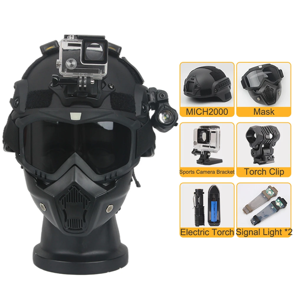 

Airsoft Tactical Helmet Set with Goggles Flashlight Signal Light Adjustable Outdoor Paintball Gear for Cosplay Shooting Hunting