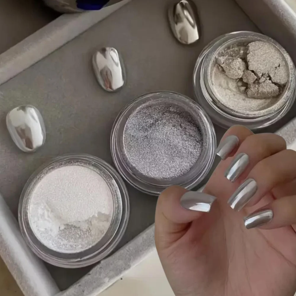 1Jar Silver White Aurora Mirror Chrome Nail Powder Metallic Effect High-Gloss Pigment Dust Pearl Rubbing Powder Nails Decoration