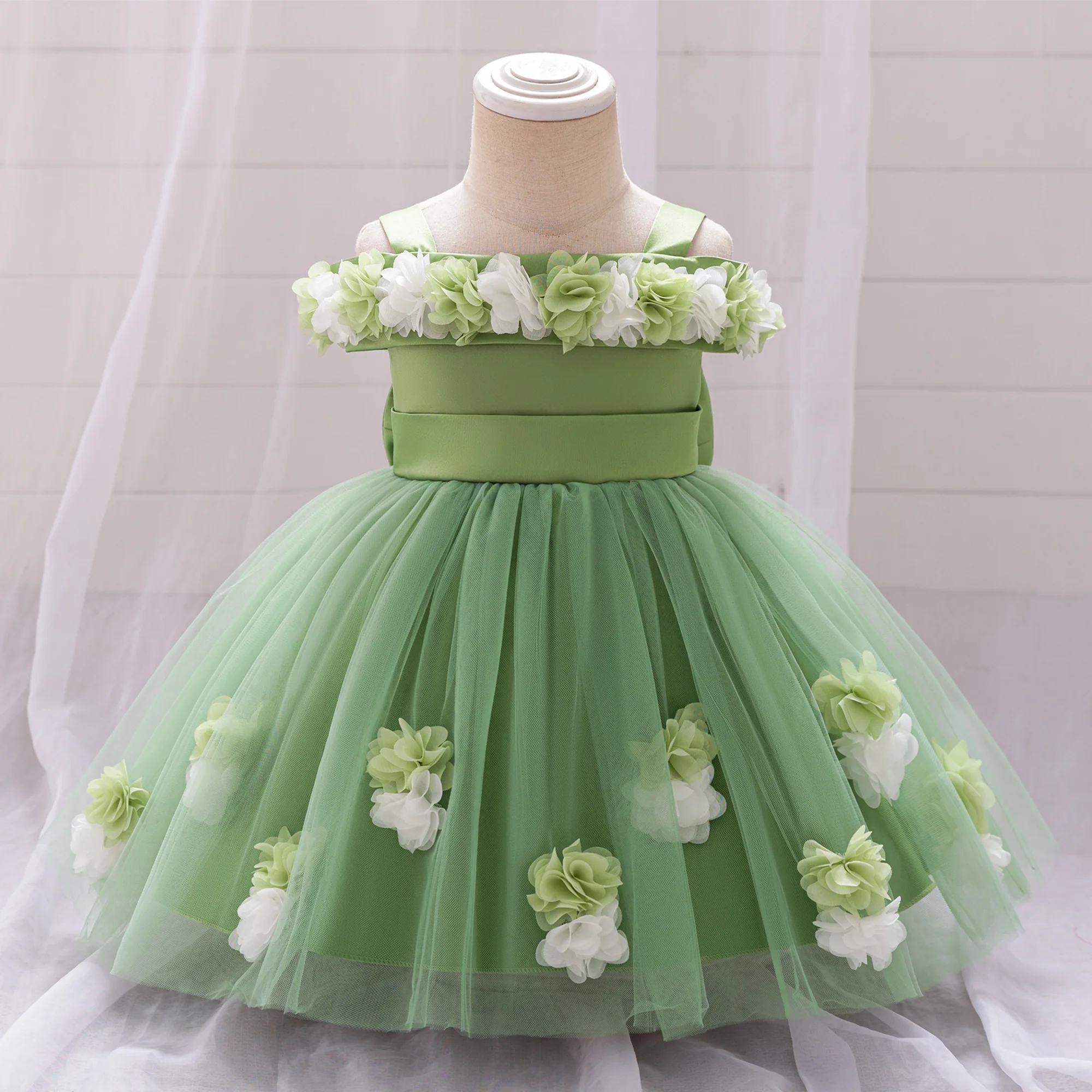 

Fluffy Pink Flower Girl Party Dresses Toddler Lace 1st Birthday Prom Gown Gala Bow Princess Dress Bridemaid Wedding Baby Clothes