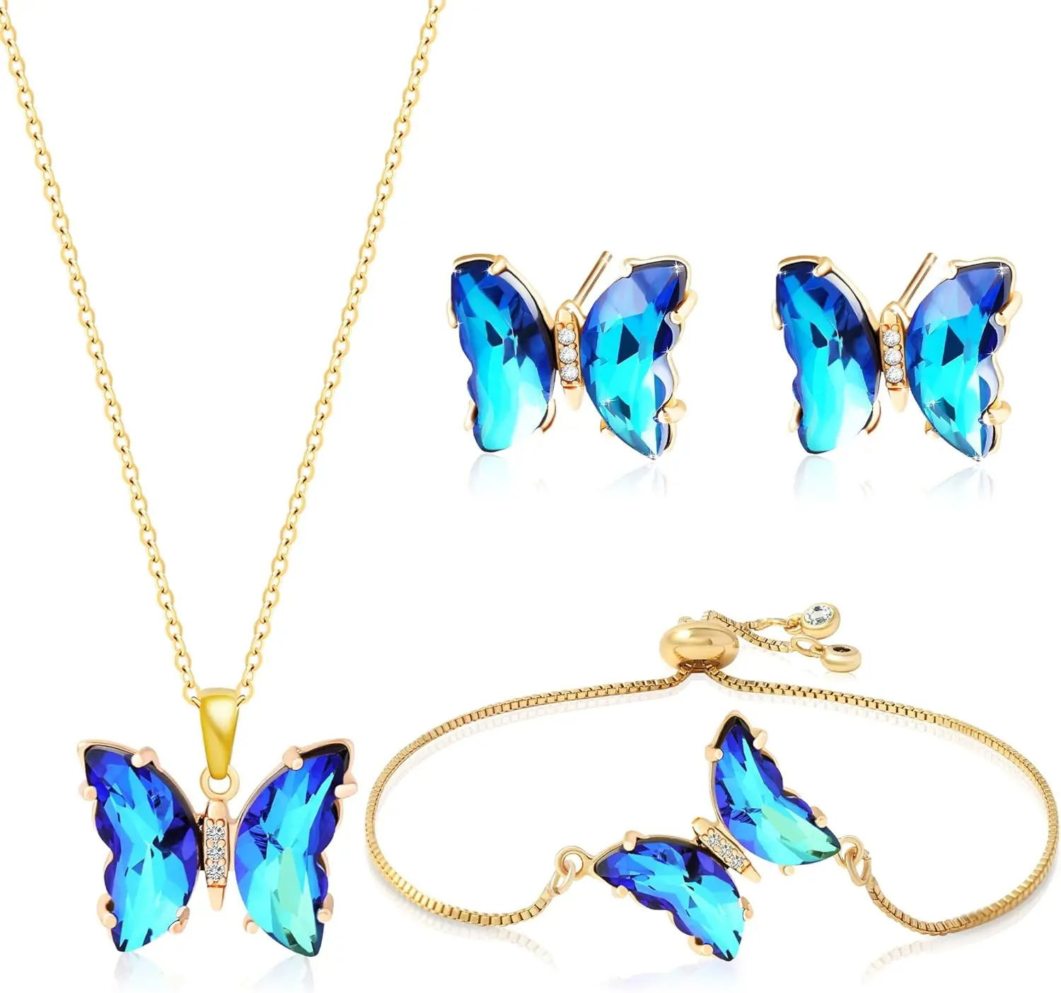 

Набор украшений Miss Right Butterfly Crystal: колье с бабочкой, серьги-гвоздики, браслет-боло, регулируемое кольцо для женщин, переливающийся цвет