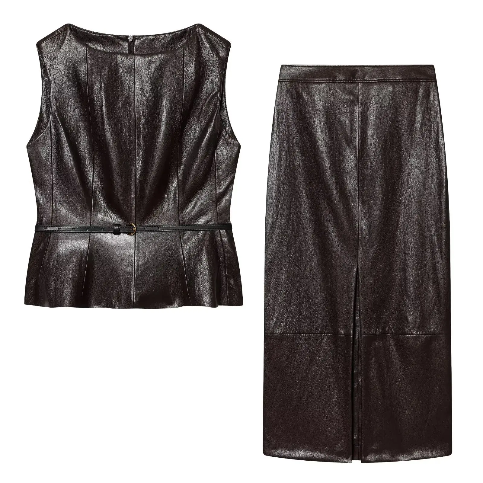 Women's Fashion Effect Top Skirt Brown Faux Leather Sleeveless Top With Belted Waist And Skirt Set For Fall And Winter M3ZZ