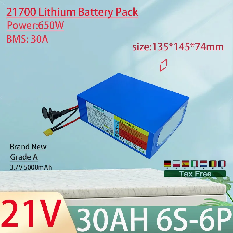 21V 30Ah 21700 6S6P Lithium Ion Battery Pack 650W Power Tool Batteries Outdoor Backup Batteries With 30A BMS+25.2V 5A charger