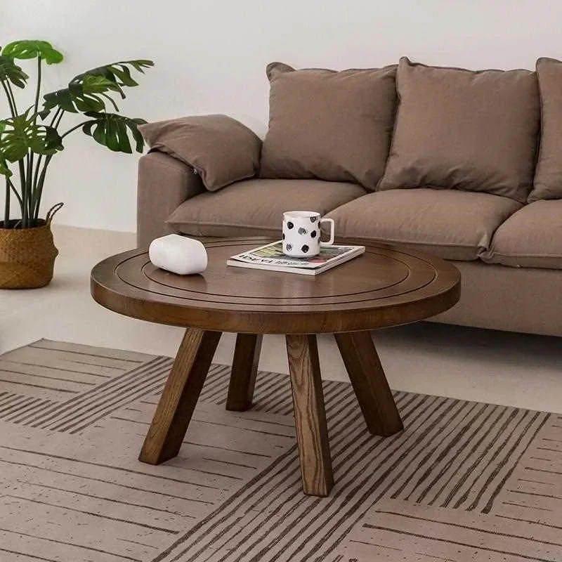 Retro solid wood round coffee table, wabi sandy wind small apartment living room small table