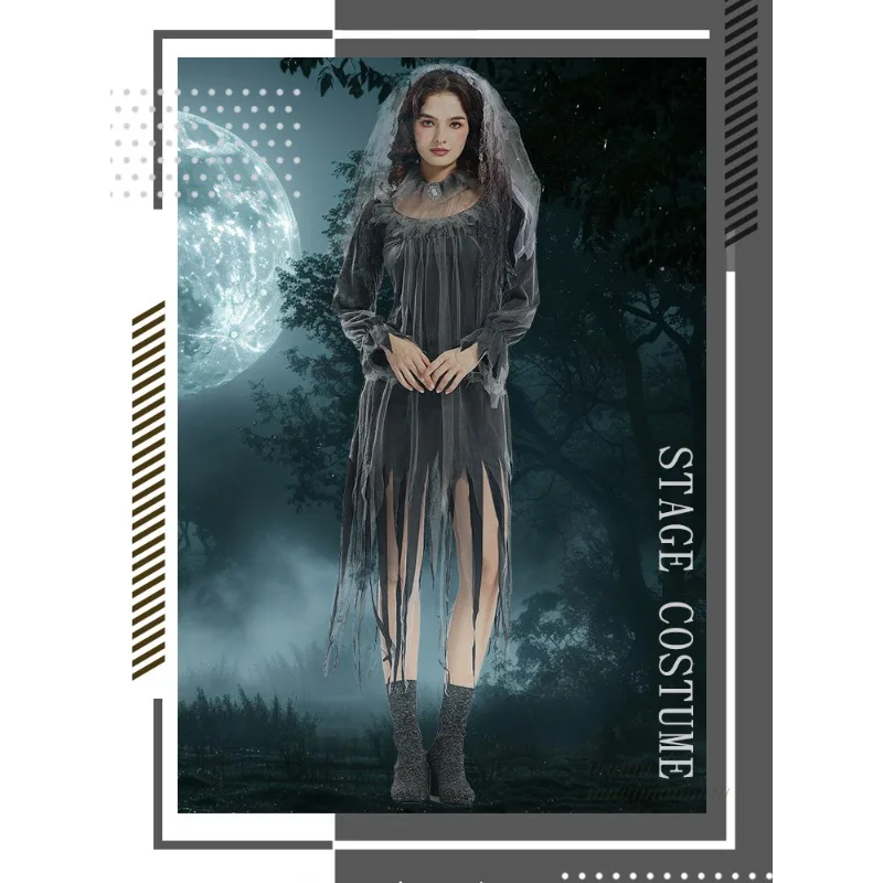 

Halloween Costume Ghost Bride Witch High Quality Vampire Game Soft Costume Horror Demon Costume Black Gauze Dress