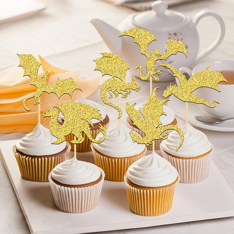 YOMDID 24 Stück Glitzer-Flugdrachen-Kuchenaufsätze, Drachen-Dinosaurier-Cupcake-Topper für Babyparty-Geburtstagstorten-Dekorationen – Detail 9