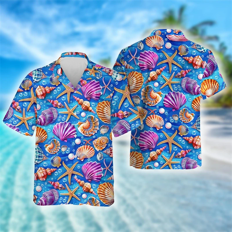 Cute Clownfish Starfish Graphic Shirts For Men Clothes Beautiful Shell Beach Shirt Hawaiian Vacation Unisex Blouses Female Tops