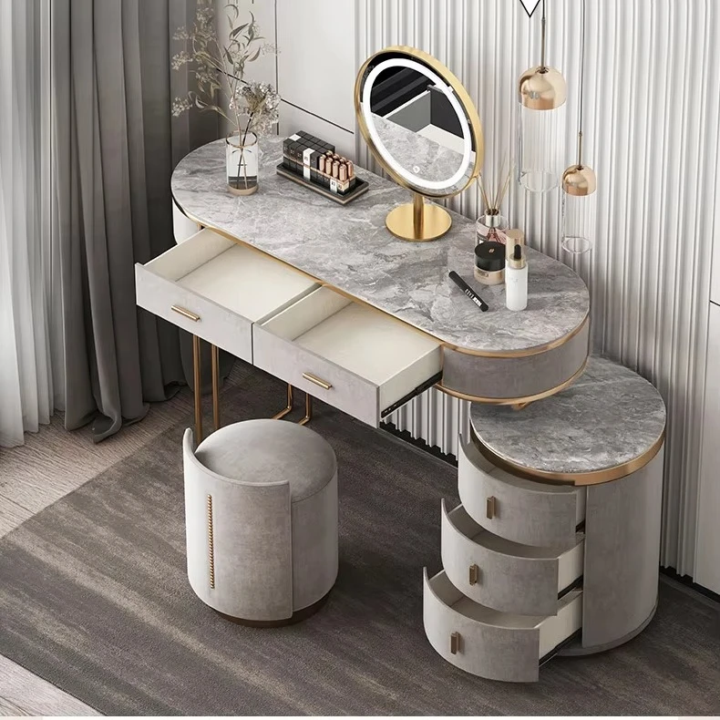 Luxury Bedroom Furniture Dresser Mirror Light Emitting Diode Bulb Marble Top Makeup Dresser