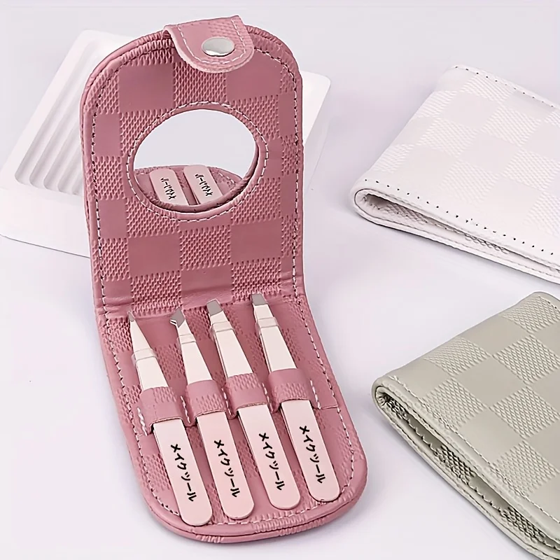 Pincettes en acier inoxydable pour épilation, Kit de pincettes de précision pour sourcils et poils du visage, avec jeu de pincettes miroir, 4 pièces