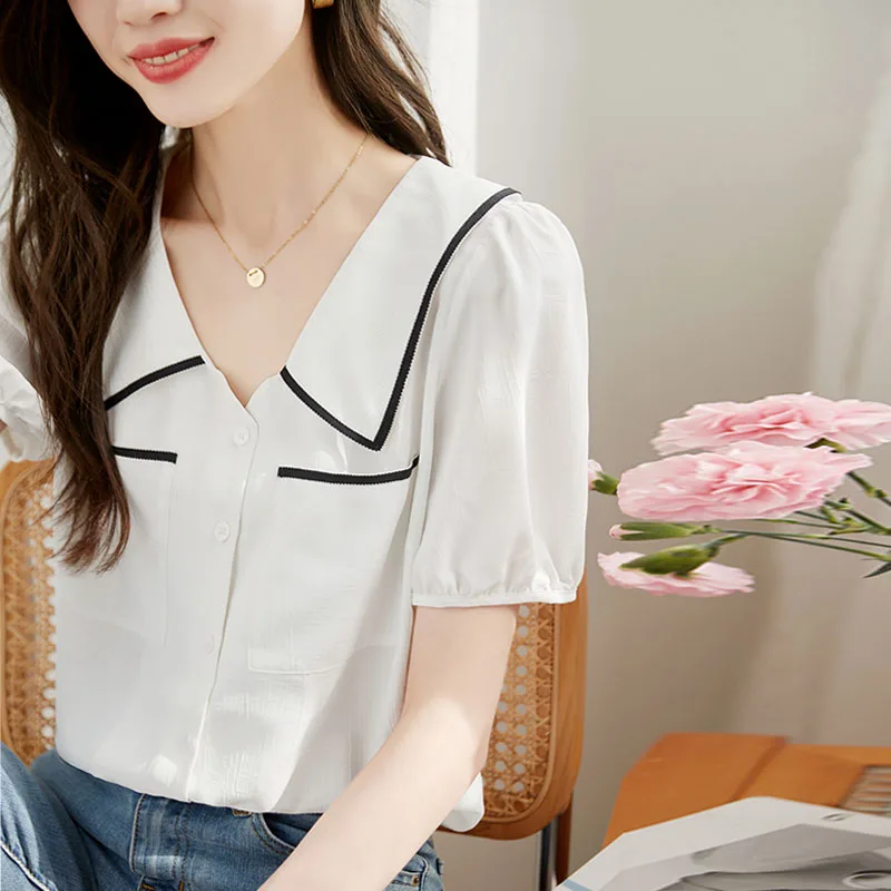 Summer New Short Sleeve Turn Down Collar Women Shirt Office Lady Shirt Blouse Women Tops Blusas Mujer De Moda 2024 Verano A504