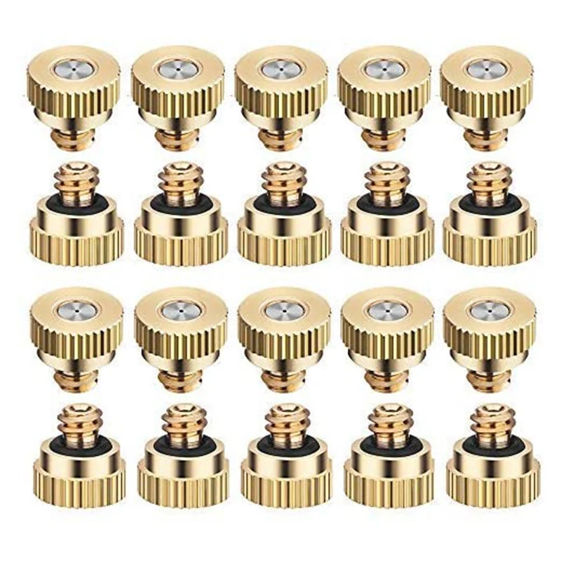 ABKL-20 Pack Brass Misting Nozzles Tees, Dust Control Mist Nozzle Sprinkler For Outdoor Cooling System 0.3 Mm