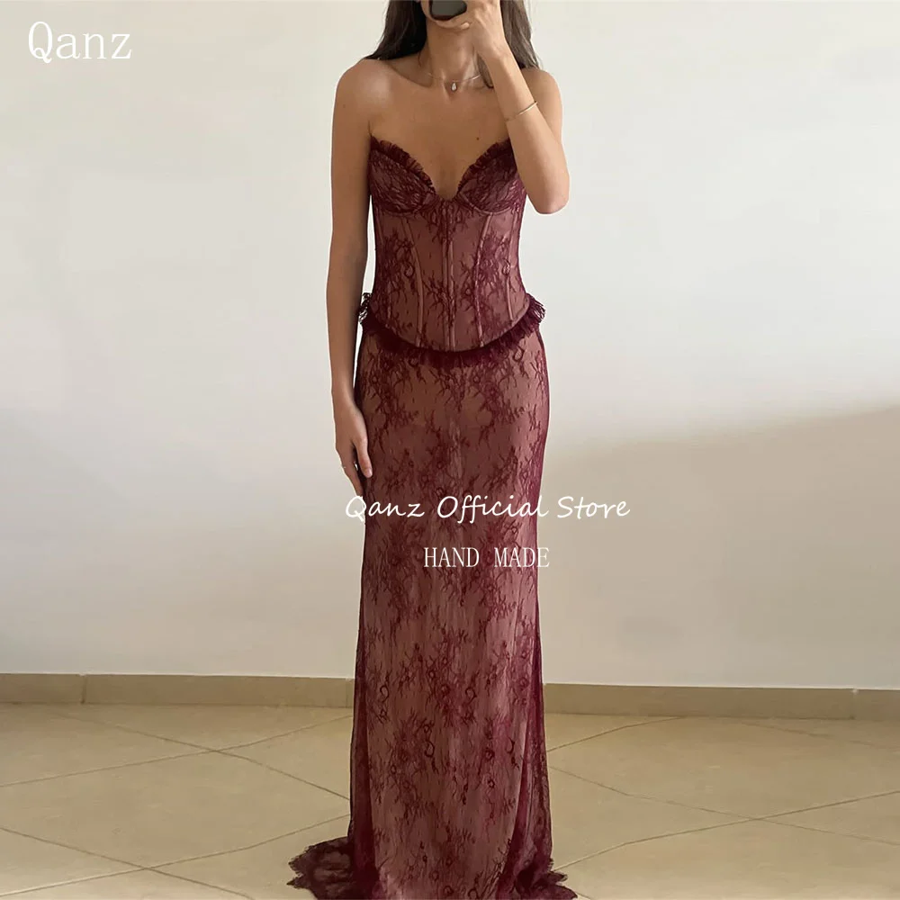 

Qanz Burgundy Lace Appliques Evening Dresses Mermaid Sweetheart Dress Woman Elegant Party Wedding Vestidos De Fiesta Customized