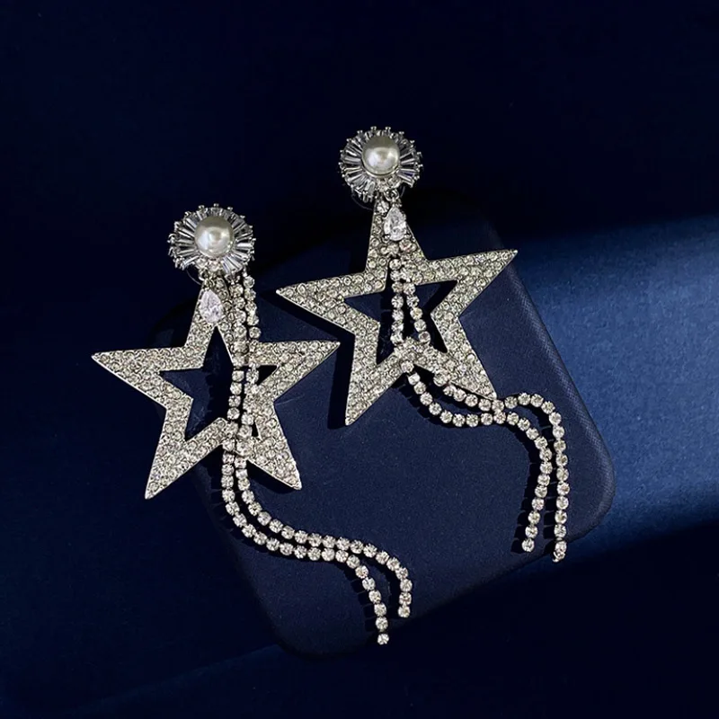 

Bobokiki Jewelry Fashion Five-Pointed Titanium Steel Micro-Inlaid AAA Zircon Silver Needle Luxury Palace Retro Tassel Earrings