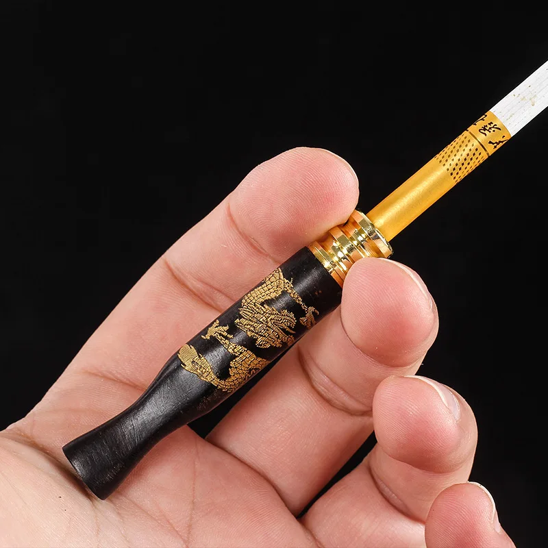 1pc Ebony Carving Dragon Smoke Smoking Pipe Bit Straight Filter Wooden Tobacco Filter Cigarette Holder, Removable to Clean