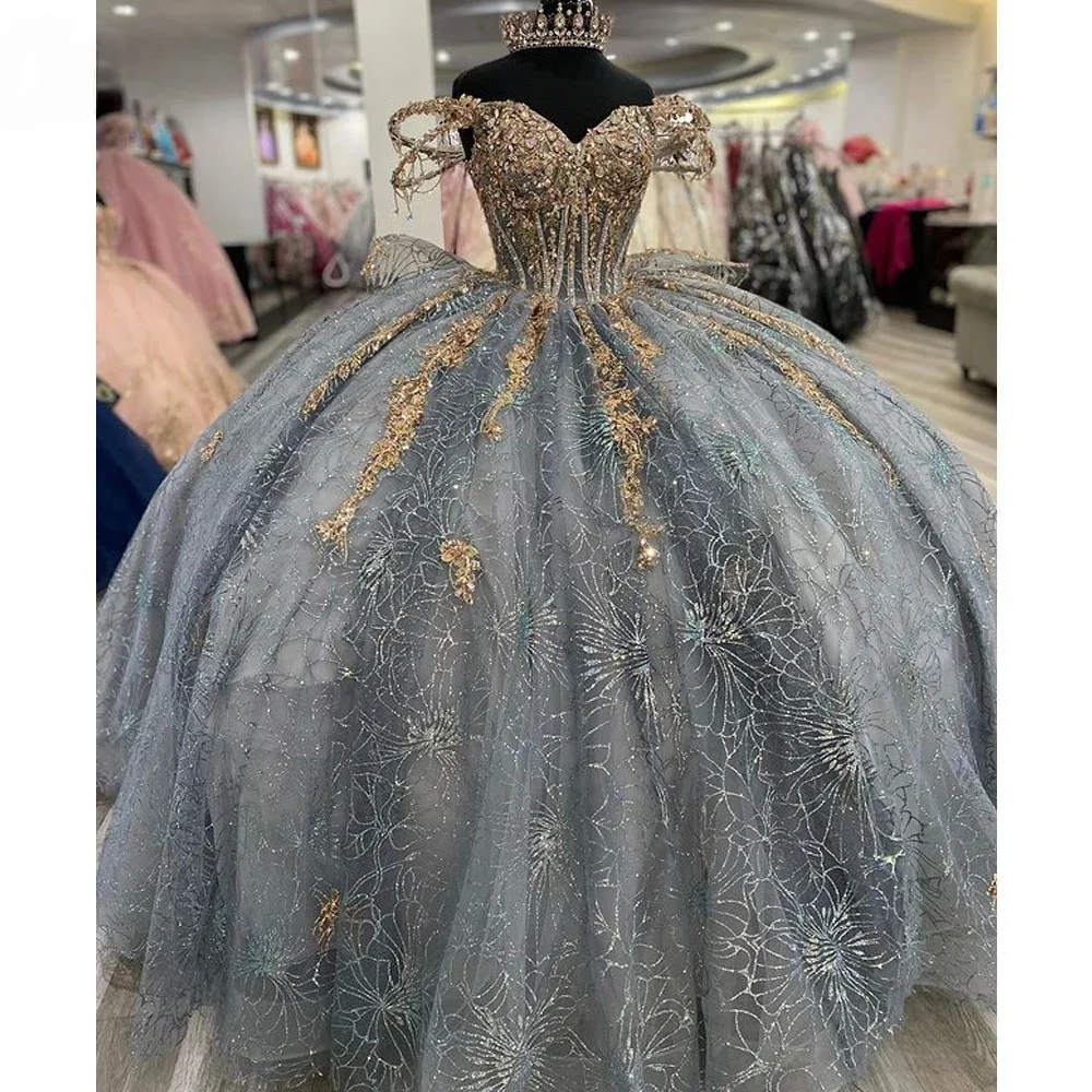 Gray Charro Quinceanera Dresses Ball Gown Off The Shoulder Appliques Lace Beaded Mexican Sweet 16 Dresses 15 Anos Customized