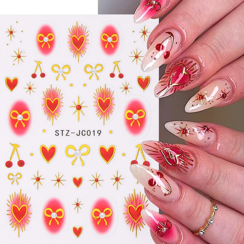 2pcs Y2K Bronzing Heart Blusher Stickers for Nail Art Cherry Bow Star Designs Red Ink Blooming Sweet Valentine Manicure Decals