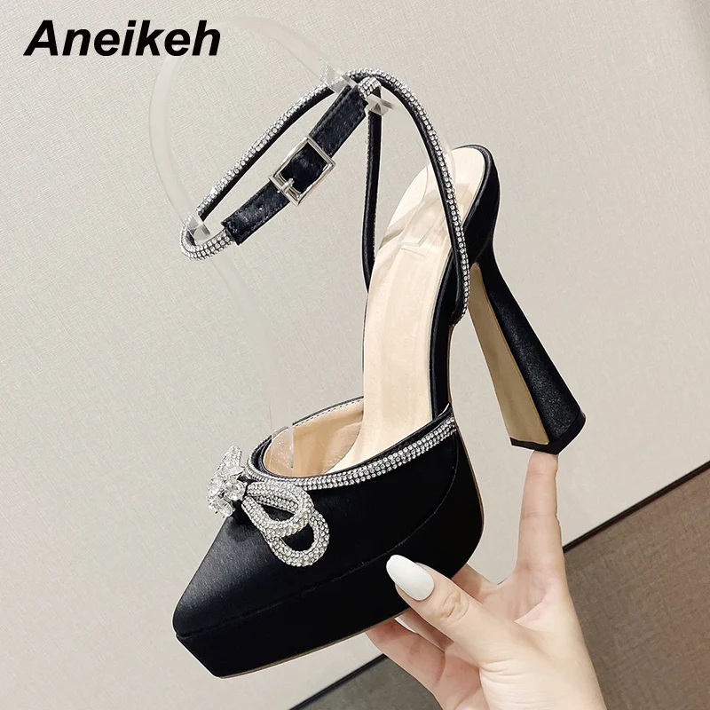 Aneikeh Women Pointed Toe Chunky Heels Platform Pumps Butterfly Knot Sandals High Heels Crystal Ankle Strap Buckle Wedding Party