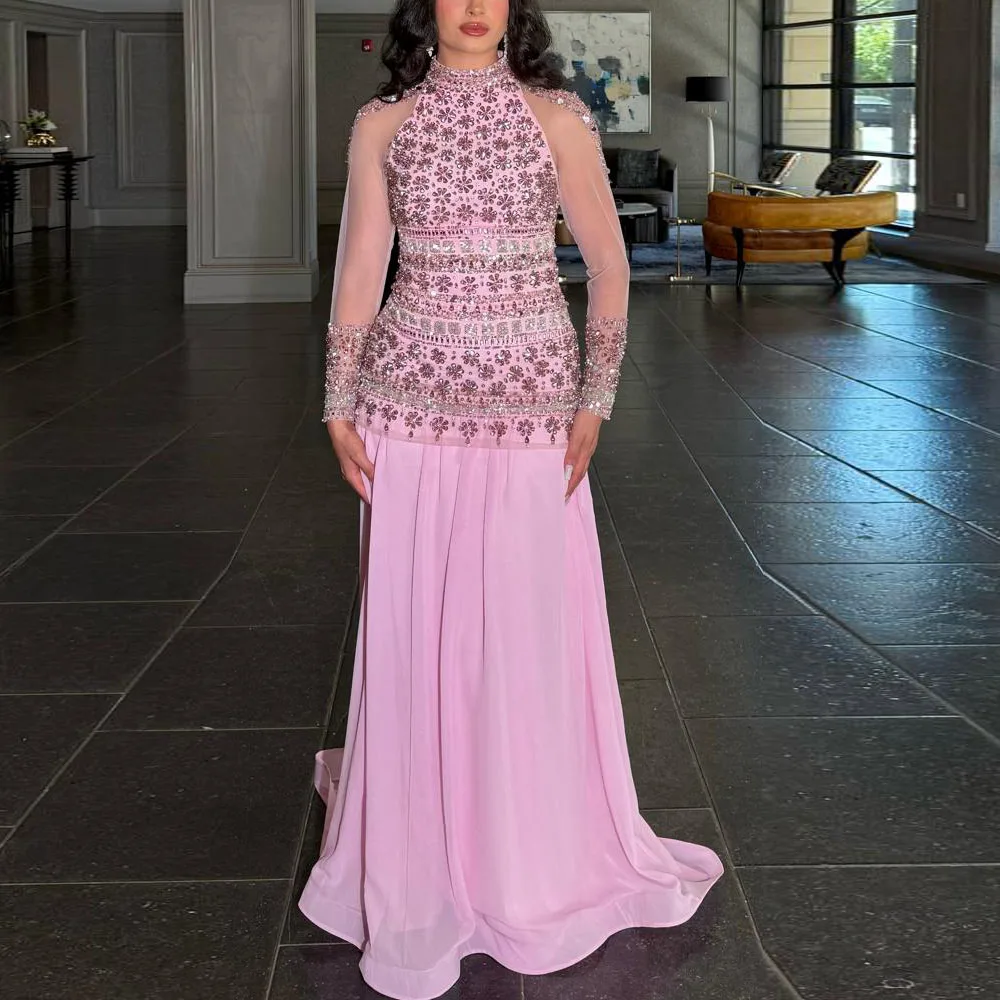 Customized Pink Crsytal Evening Dresses Transparent Sleeve A Line Chiffon Prom Gown High Collar Long Wedding Guest Dress