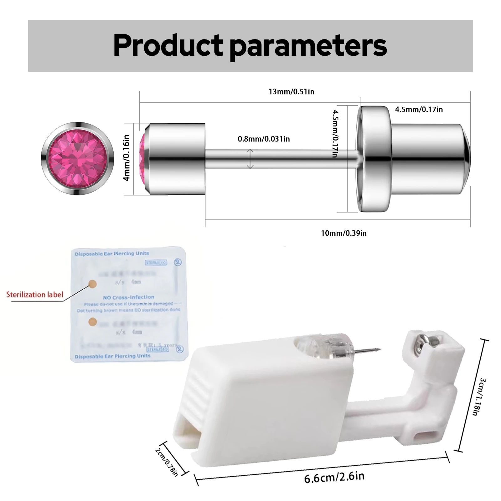 2Pcs Ear Piercing Kit Disposable Sterile Ear Piercing Kit WIth Safety Backs Painless Ear Piercing Gun Tool Built in Cz Earrings