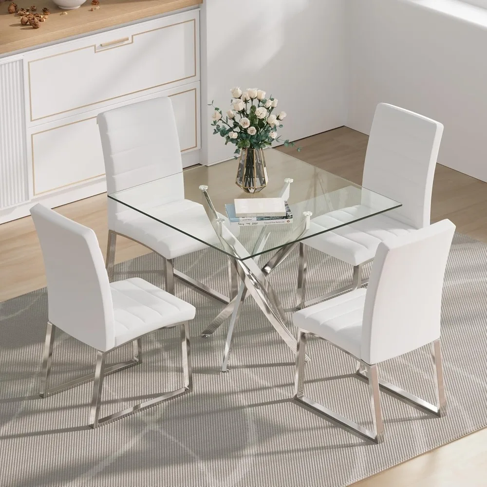 Dining Table and Chairs, Square Glass with 4 Upholstered Dining Chairs for Kitchen Dinings Room, Glass Dinings Table Set