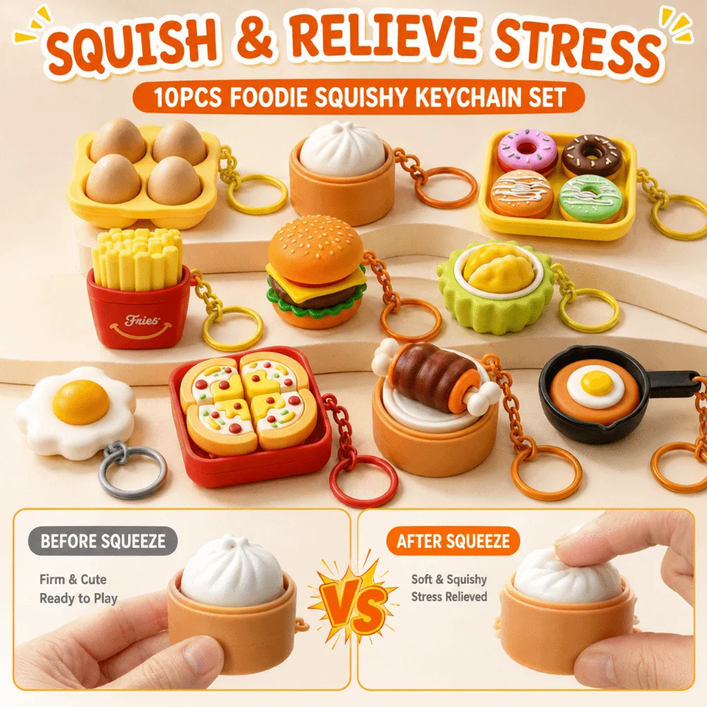 Cartoon Calming Keychain Keys Finger Button 3D Printed Anti-stress Pendant Bag Charms Pizza Egg Foods Clicker Key Chain