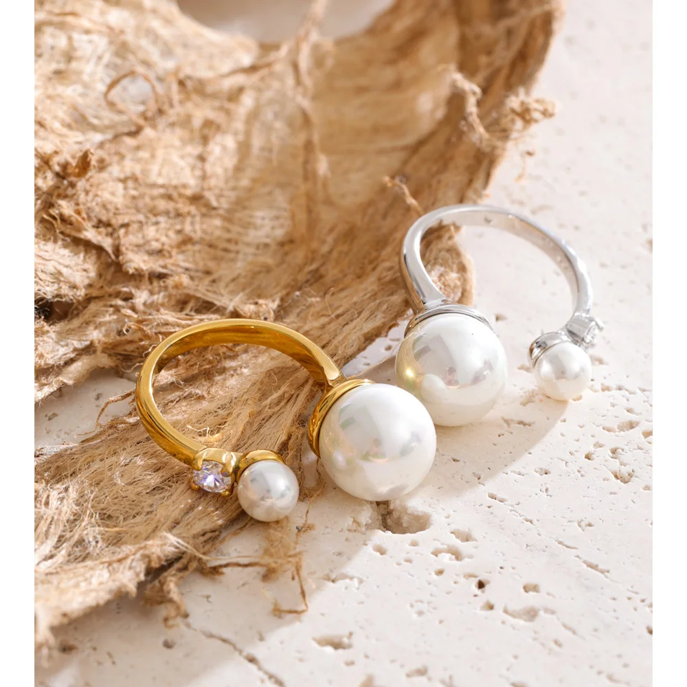 Yhpup 2025 Arrivals Simulated Pearls Zirconia Round Adjustable Open Ring Finger Stainless Steel Chic Trendy Jewelry Accessories