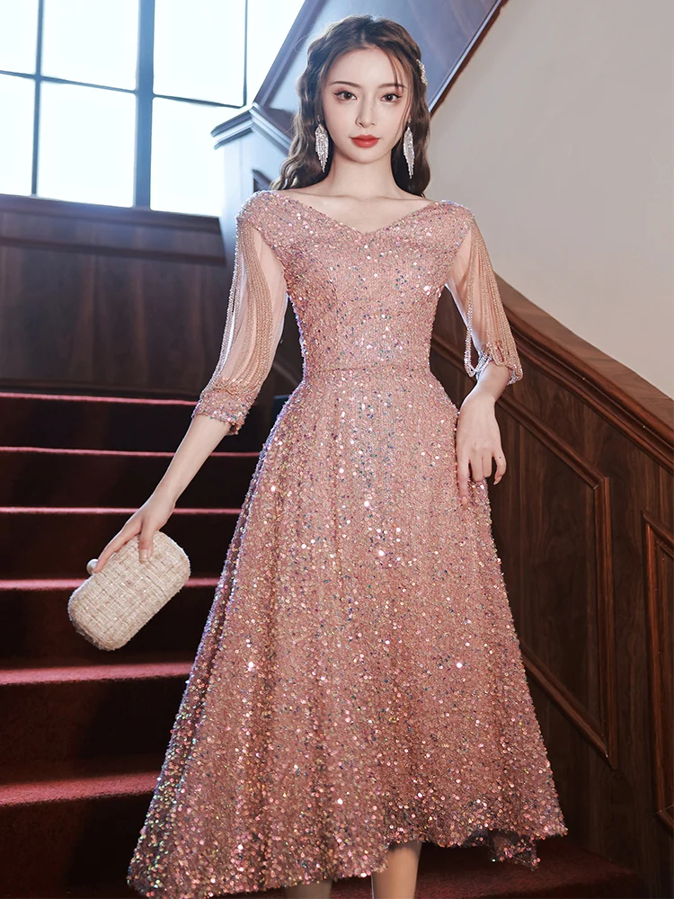 Pink Sequin Bridal Reception Dresses With Beads Elegant V-Neck Tea-Length Women Midi Dresses For Wedding Party Evening 2022